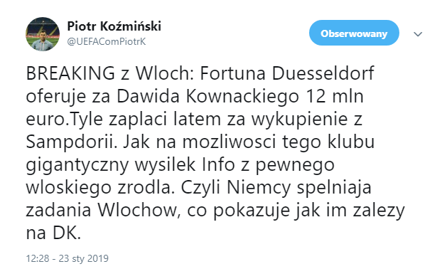 Fortuna Düsseldorf oferuje FORTUNĘ za Kownackiego! SZEŚĆ RAZY WIĘCEJ OD REKORDU KLUBU